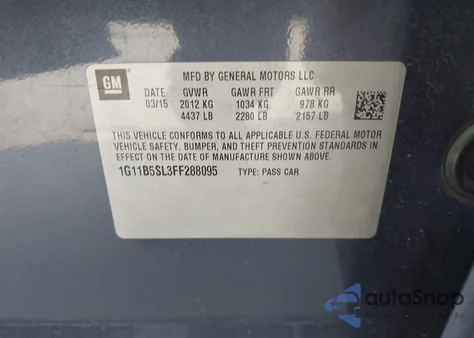 2015 Chevrolet Malibu Ls из США, поврежденный, VIN 1G11B5SL3FF288095